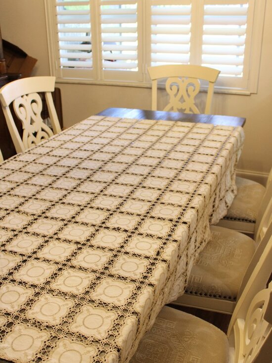 Handmade Other - Antique Tablecloth Hand Embroidered granny Squares Linen Crochet Victorian Lace